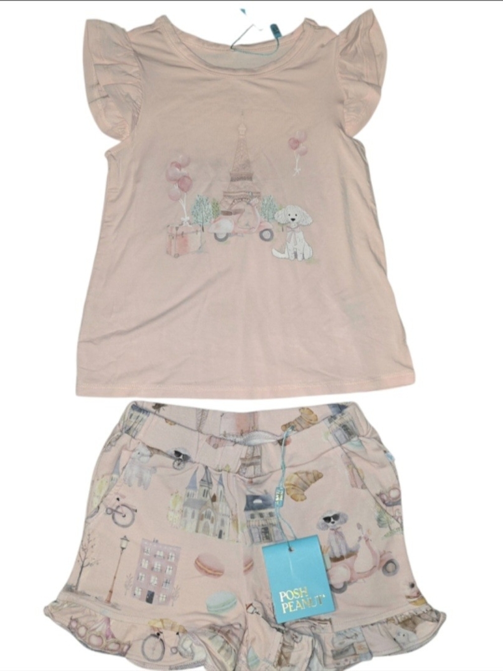Posh Peanut Pink Girls' Pajama Set with Eiffel Tower & Puppy Print